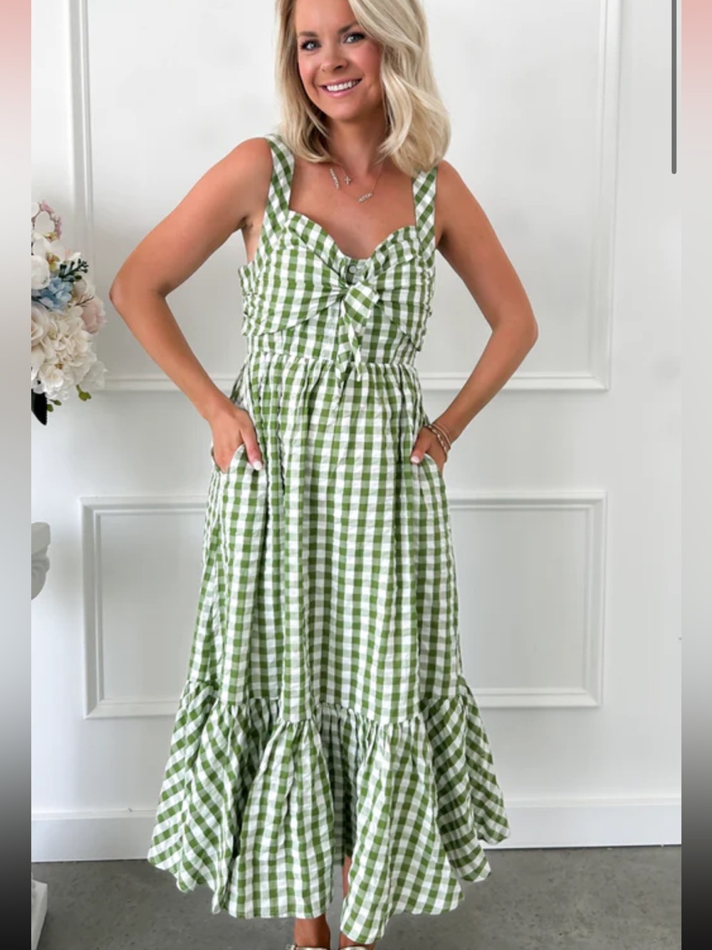 NWT Boutique Green Gingham Tie-Front Midi Dress